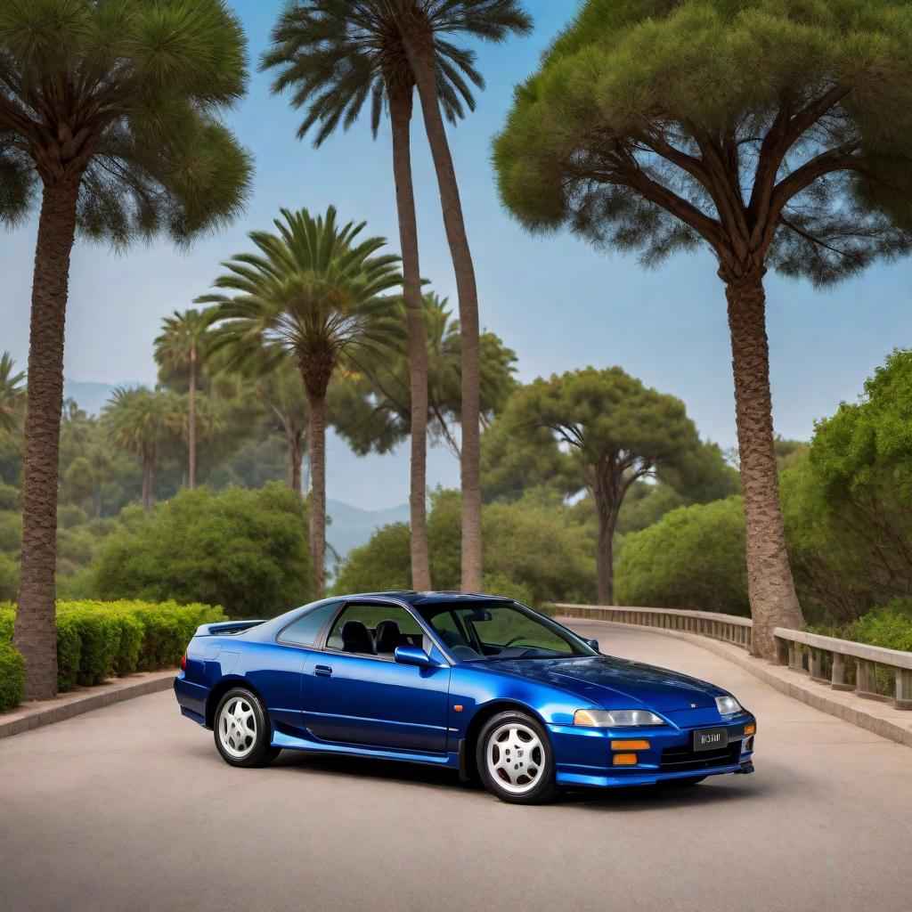  1996 Honda Prelude Si in blue color, parked on a road. The car should showcase its sporty design elements, including its sleek front grille, distinctive alloy wheels, and characteristic mid-90s coupe body lines. The background should be simple to keep the focus on the car. hyperrealistic, full body, detailed clothing, highly detailed, cinematic lighting, stunningly beautiful, intricate, sharp focus, f/1. 8, 85mm, (centered image composition), (professionally color graded), ((bright soft diffused light)), volumetric fog, trending on instagram, trending on tumblr, HDR 4K, 8K