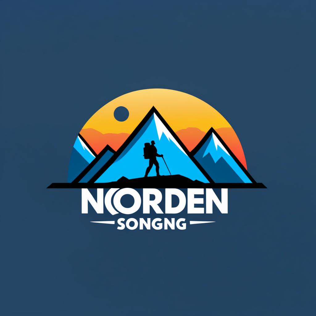  Logo, (minimalism style), Wanderer auf dem Weg in die Berge bei blauen Sonnenaufgang Richtung „Norden“