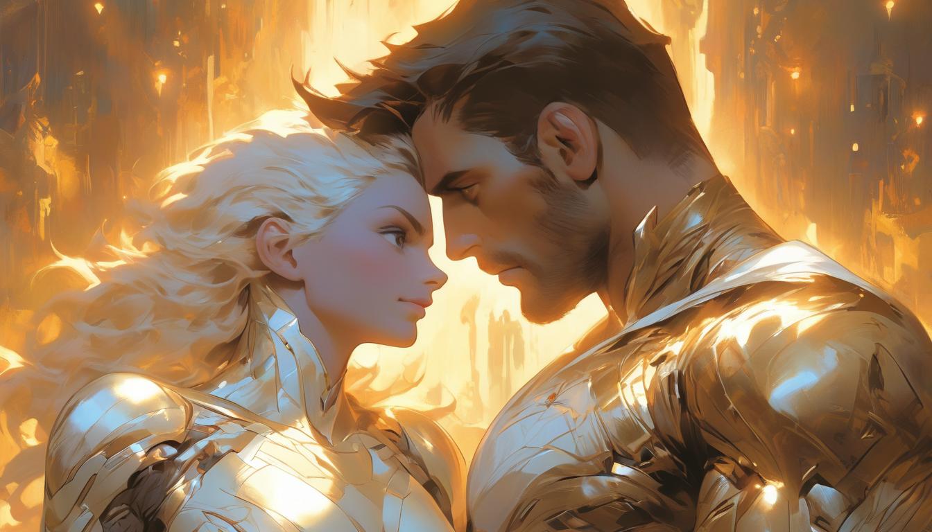  hyperrealism,fantasy aesthetic1man1woman, attractive brunette arian male humanoid and large busted attractive blonde arian female humanoid, interacting with others, soft golden aura surrounding them, symbolizing autonomy in social interactions, high tech clothing clad in sleek, futuristic costume with metallic accents and form fitting designs, marvel superhero comics style, unreal engine rendering