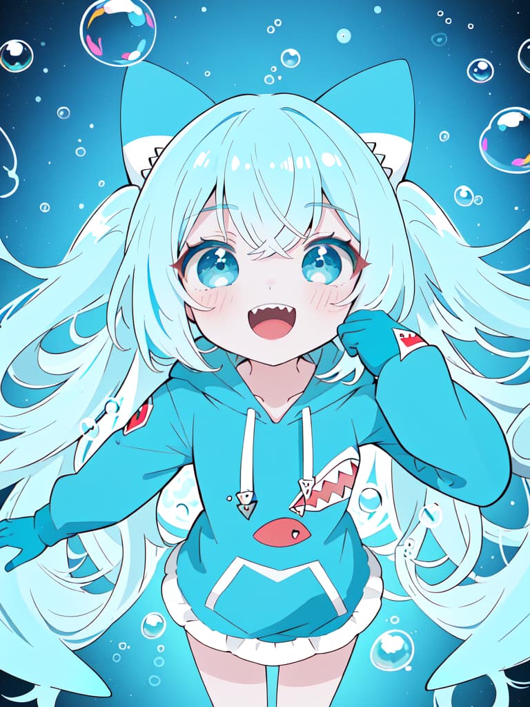  popart,flat color,A girl,shark gloves,(shark mascot hoodie),BREAK.cute,tween,in deep sea,shiny skin,whole body,smile,(bubble:1.3),deepsea background,(best quality,masterpiece,ultra highres,ultra detailed:1.2) ,, masterpiece, best quality,8k,ultra detailed,high resolution,an extremely delicate and beautiful,hyper detail