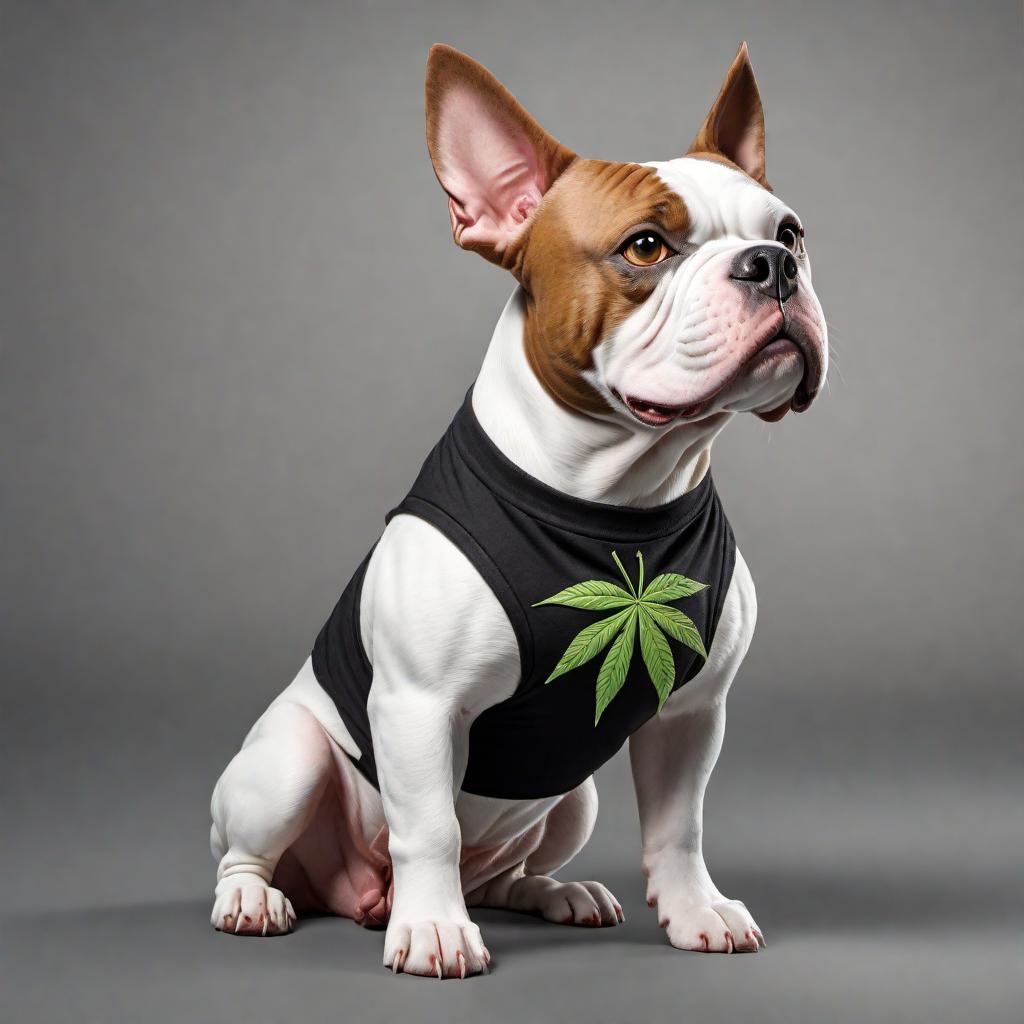  A cartoon American bulldog pocket bully dog that is white with brown spots and he’s wearing a hat with his ears sticking out and a black T-shirt with a pot leaf on it hyperrealistic, full body, detailed clothing, highly detailed, cinematic lighting, stunningly beautiful, intricate, sharp focus, f/1. 8, 85mm, (centered image composition), (professionally color graded), ((bright soft diffused light)), volumetric fog, trending on instagram, trending on tumblr, HDR 4K, 8K