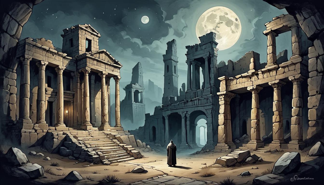  on parchment, surrealism+++, Ancient ruins under moonlight, shadows and light interplay, crumbling stone structures, sense of timelessness and mystery, solitude, silent witness(mysterious, provocative, symbolic,muted color)+++