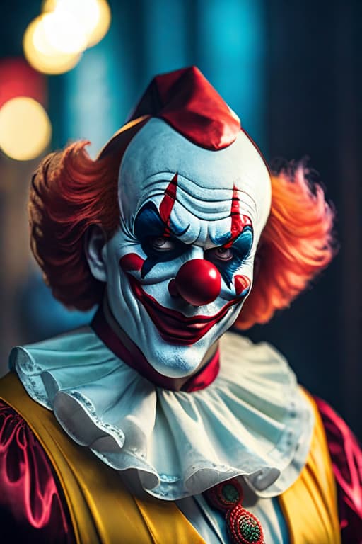  Evil clown, glasses, hyperrealistic, full body, detailed clothing, highly detailed, cinematic lighting, stunningly beautiful, intricate, sharp focus, f/1. 8, 85mm, (centered image composition), (professionally color graded), ((bright soft diffused light)), volumetric fog, trending on instagram, trending on tumblr, HDR 4K, 8K