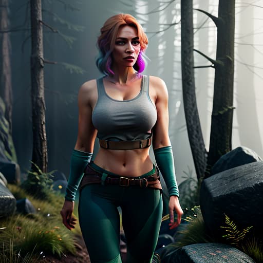  A pretty young with fair colored hair, curved body, very muscular, broad shouldered, and bulky, with a head and scars. A woman in hiking attire: pants, shirt, in a fantasy world of the Middle Ages., slate atmosphere, cinematic, dimmed colors, dark shot, muted colors, film grainy, lut, spooky hyperrealistic, full body, detailed clothing, highly detailed, cinematic lighting, stunningly beautiful, intricate, sharp focus, f/1. 8, 85mm, (centered image composition), (professionally color graded), ((bright soft diffused light)), volumetric fog, trending on instagram, trending on tumblr, HDR 4K, 8K