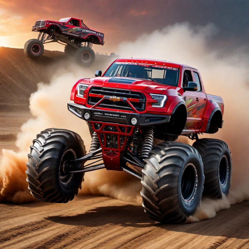  A bright red monster truck with enormous wheels driving over a car with broken wheels. The scene should capture the dynamic and powerful nature of the monster truck as it crushes the smaller car beneath it. The background should include a dirt track with spectators cheering, emphasizing the thrilling and energetic atmosphere of a monster truck show. hyperrealistic, full body, detailed clothing, highly detailed, cinematic lighting, stunningly beautiful, intricate, sharp focus, f/1. 8, 85mm, (centered image composition), (professionally color graded), ((bright soft diffused light)), volumetric fog, trending on instagram, trending on tumblr, HDR 4K, 8K