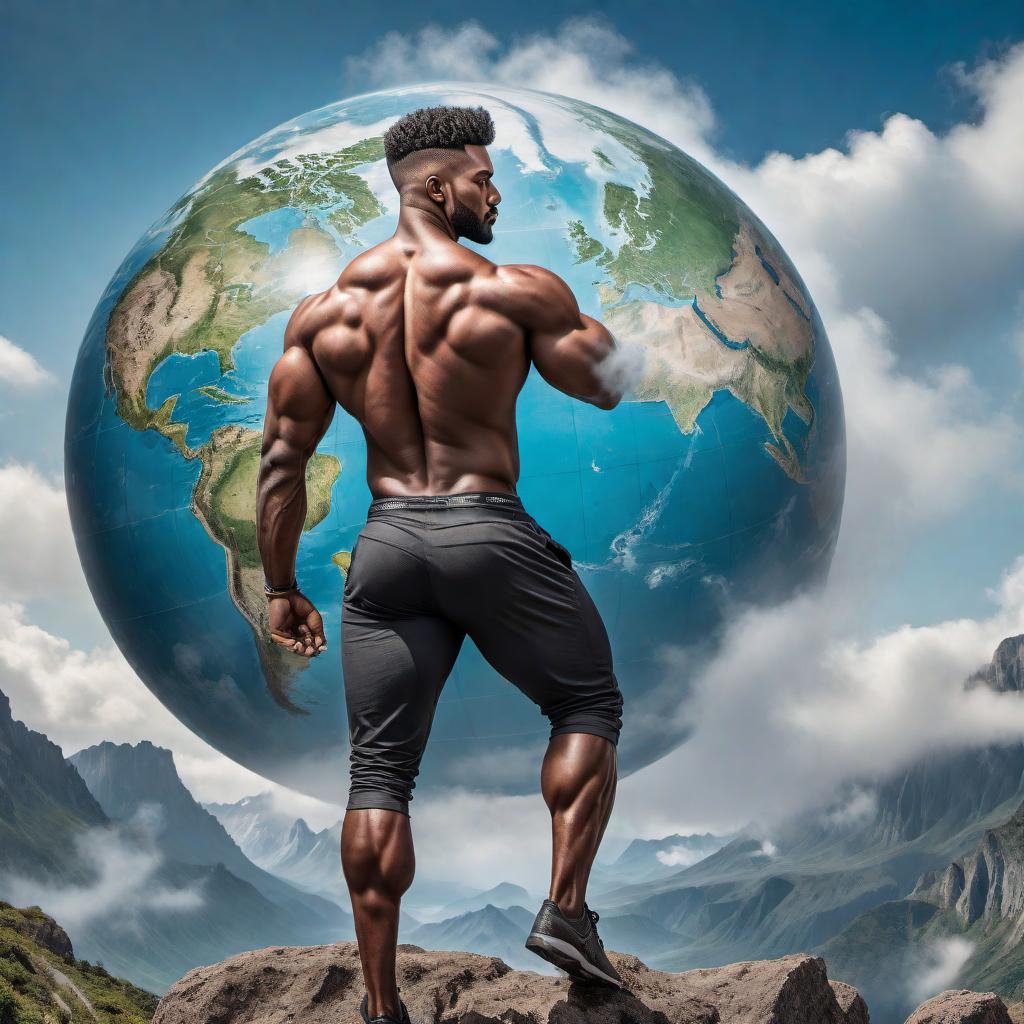  A detailed illustration of a man carrying the world on his shoulder. The man is muscular and strong, symbolizing great strength and determination. He is depicted in a heroic pose, with one knee bent and the other leg supporting his stance. His face shows intense focus and resolve as he bears the weight of the world. The globe he is carrying is detailed, showing continents and oceans, emphasizing its immense size and weight. The background is simple, ensuring the focus remains on the man and the world he carries. The overall tone is inspiring and dramatic, highlighting the theme of strength and resilience. hyperrealistic, full body, detailed clothing, highly detailed, cinematic lighting, stunningly beautiful, intricate, sharp focus, f/1. 8, 85mm, (centered image composition), (professionally color graded), ((bright soft diffused light)), volumetric fog, trending on instagram, trending on tumblr, HDR 4K, 8K