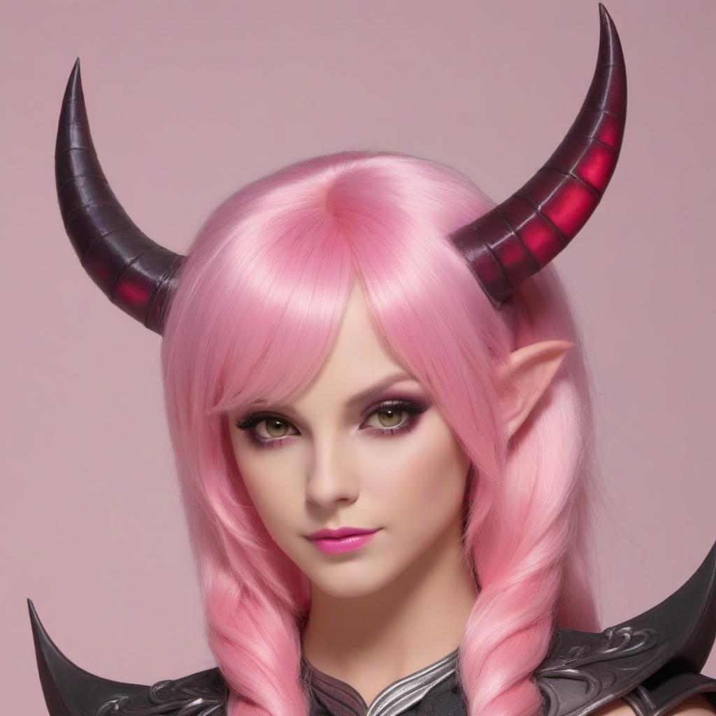  Woman, half elf and half succubus, pink skin, pink short hairs, little horns, black shiny iron armor with pink lines, demon tail, pink pupils