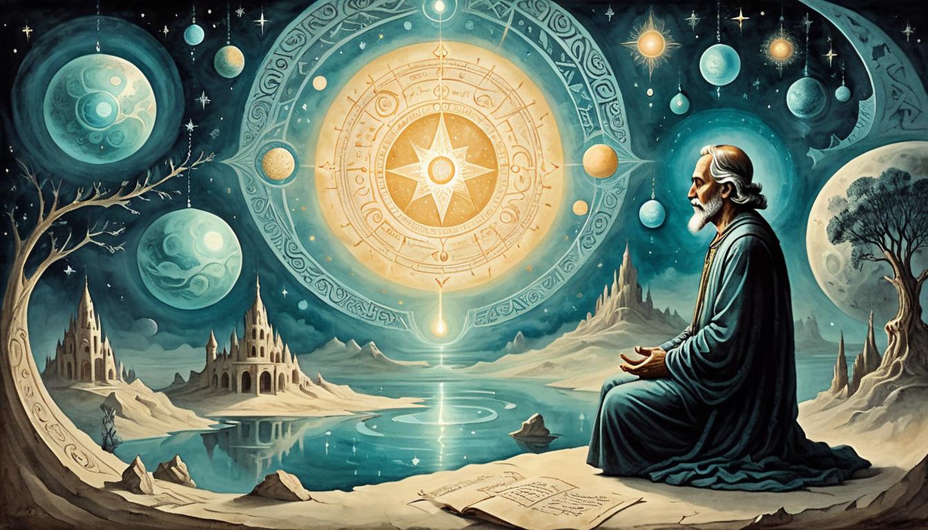  on parchment, surrealism+++, Mystical surroundings, glowing orbs of light, meditative figure, cosmic patterns in the background, transcendental atmosphere, sense of wisdom, timeless realm(mysterious, provocative, symbolic,muted color)+++