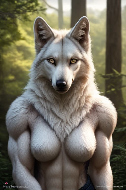  anthro, white wolf, female, adult, muscular, veiny muscles, shorts, topless, looking at viewer, realistic fur, detailed background, wilderness background, hyper realism, RAW photo, (realism, photorealistic:1.3), detailed, hi res hyperrealistic, full body, detailed clothing, highly detailed, cinematic lighting, stunningly beautiful, intricate, sharp focus, f/1. 8, 85mm, (centered image composition), (professionally color graded), ((bright soft diffused light)), volumetric fog, trending on instagram, trending on tumblr, HDR 4K, 8K