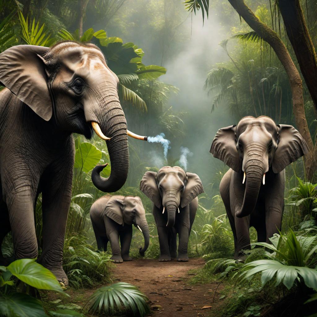  A group of elephants in a jungle setting, humorously depicted as smoking with exaggerated cartoonish expressions and holding pipes or cigarettes. The scene is playful and light-hearted with a surreal, humorous atmosphere. hyperrealistic, full body, detailed clothing, highly detailed, cinematic lighting, stunningly beautiful, intricate, sharp focus, f/1. 8, 85mm, (centered image composition), (professionally color graded), ((bright soft diffused light)), volumetric fog, trending on instagram, trending on tumblr, HDR 4K, 8K