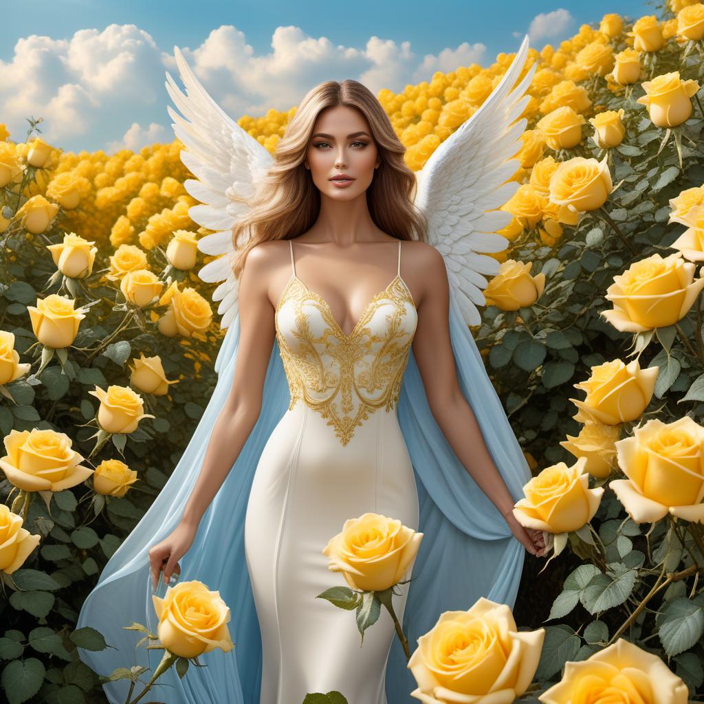  A beautiful woman as an angel with radiant wings, standing gracefully in a heavenly field of blooming yellow roses. The scene is illuminated with a soft, ethereal light, and the sky is a serene blue with golden clouds. The angel has a serene and benevolent expression, with flowing hair cascading down her back. The yellow roses around her are vibrant and numerous, creating a lush and enchanting atmosphere. hyperrealistic, full body, detailed clothing, highly detailed, cinematic lighting, stunningly beautiful, intricate, sharp focus, f/1. 8, 85mm, (centered image composition), (professionally color graded), ((bright soft diffused light)), volumetric fog, trending on instagram, trending on tumblr, HDR 4K, 8K