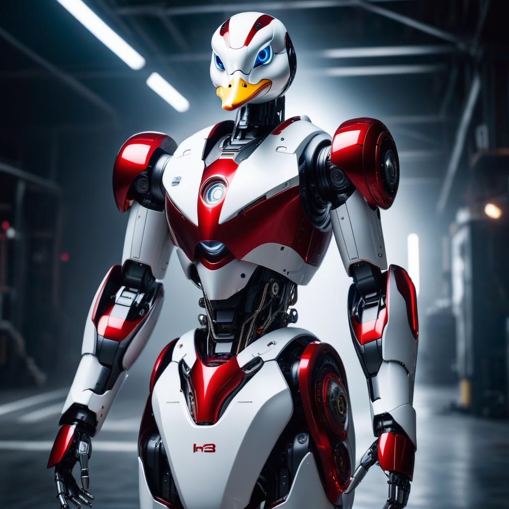  The body of a humanoid robot with red streaks, head of a white duck hyperrealistic, full body, detailed clothing, highly detailed, cinematic lighting, stunningly beautiful, intricate, sharp focus, f/1. 8, 85mm, (centered image composition), (professionally color graded), ((bright soft diffused light)), volumetric fog, trending on instagram, trending on tumblr, HDR 4K, 8K