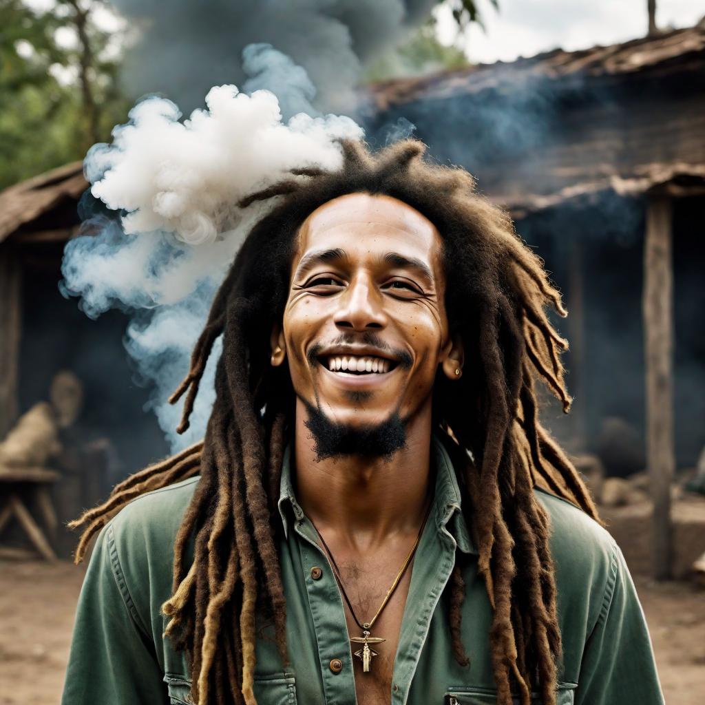  Bob Marley, with his iconic dreadlocks, smiling and relaxed, holding a weed joint in one hand and a bong in the other hand, smoking from the bong. He has a high expression, with a cloud of smoke surrounding him. hyperrealistic, full body, detailed clothing, highly detailed, cinematic lighting, stunningly beautiful, intricate, sharp focus, f/1. 8, 85mm, (centered image composition), (professionally color graded), ((bright soft diffused light)), volumetric fog, trending on instagram, trending on tumblr, HDR 4K, 8K