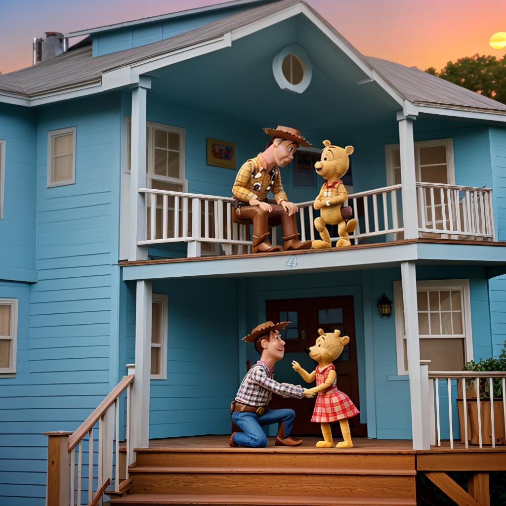  woody from toy story and winnie the pooh making out on the porch of a blue house, kissing, sunset, kissing