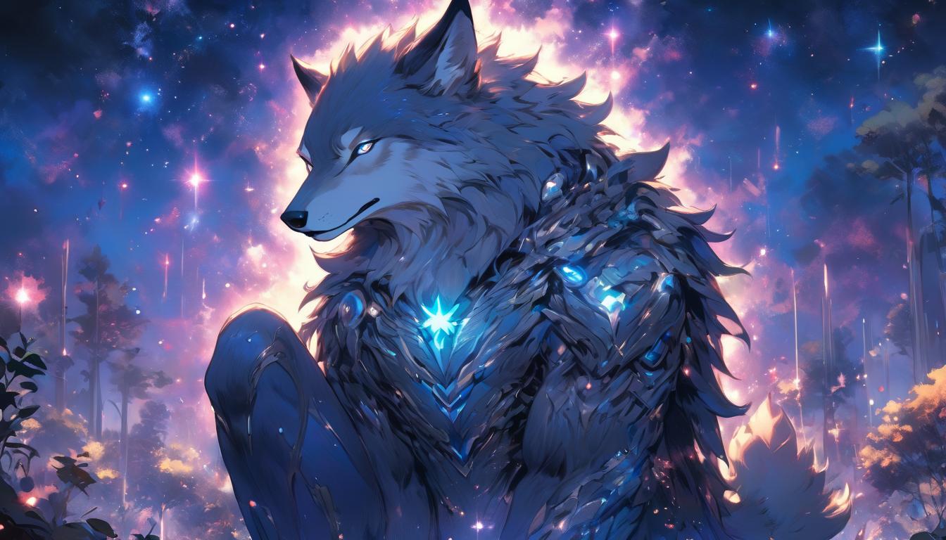  hyperrealism,fantasy aestheticA wolf under a starry sky, sitting calmly, gaze turned upwards, surrounded by subtle, intricate details of nature, joy, contemplation, high tech clothing clad in sleek, futuristic costume with metallic accents and form fitting designs, marvel superhero comics style, unreal engine rendering