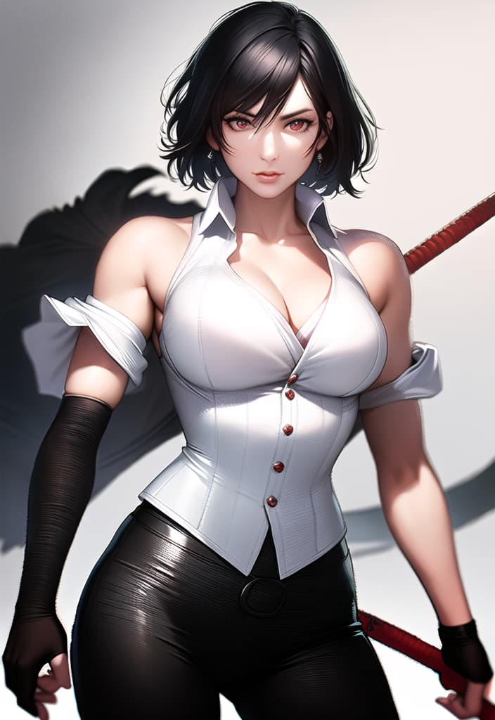  black hair, very short hair, woman, older sister, mature, white dress shirt, red corset, black leather pants, long Japanese sword, muscular, accurate eyes, accurate hands, Japanese armor on shoulders and arms, (Masterpiece, BestQuality:1.3), (ultra detailed:1.2), (hyperrealistic:1.3), (RAW photo:1.2),High detail RAW color photo, professional photograph, (Photorealistic:1.4), (realistic:1.4), ,professional lighting, (japanese), beautiful face, (realistic face)