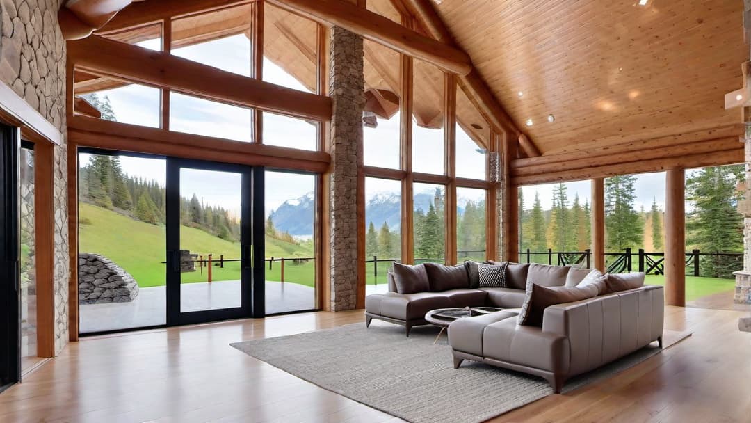  Sophisticated entranceway of a luxurious log cabin with stone columns, sharp and crisp, full view of the home, bright sunny day