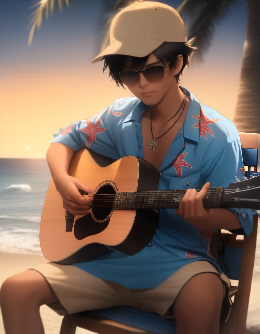  A 17-year old male musician with short spiky jet black hair, ocean blue eyes, and sunglasses wearing a dark blue Hawaiian beach shirt with a palm tree pattern, khaki shorts, and sandals, with a necklace and a tan baseball hat playing an acoustic guitar on the beach at nighttime sitting down in a chair with an angry smile., ((best quality)), ((masterpiece)), highly detailed, absurdres, HDR 4K, 8K