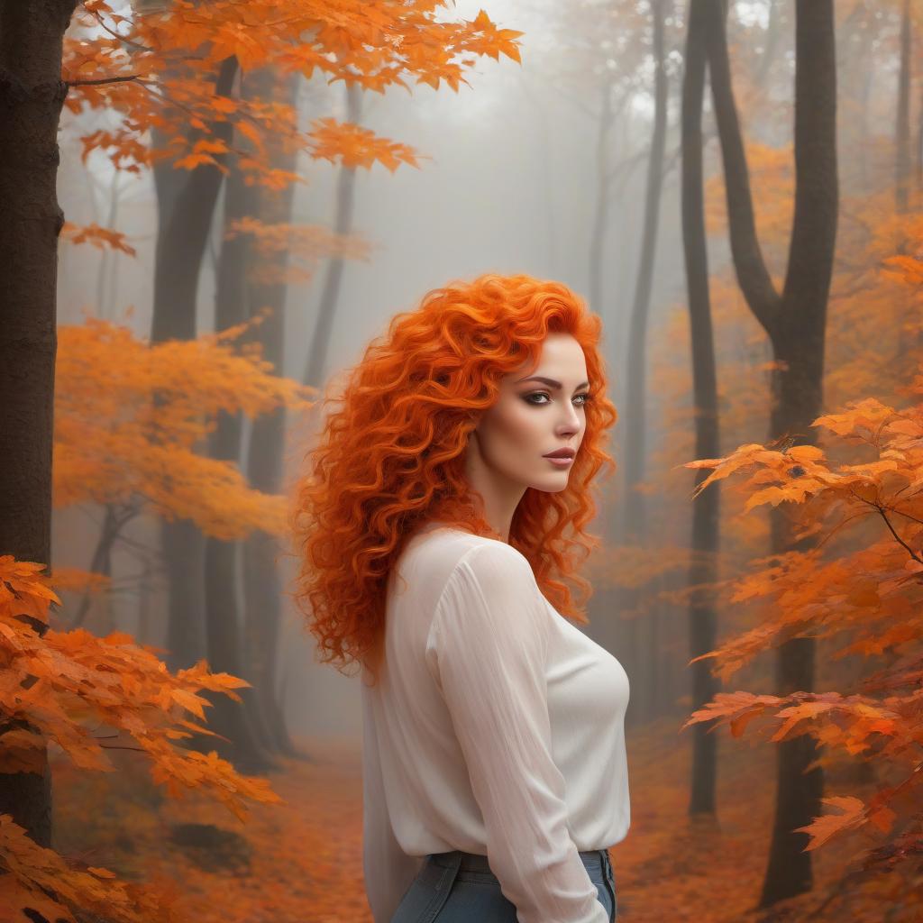  a painting of a woman with curly hair, an airbrush painting, by Igor Grabar, fantasy art, bright orange hair, blurred and dreamy illustration, autumn wind, 8 k hd detailed oil painting, highly detailed oil painting, sergey zabelin, andrey gordeev, ryan mcginley, painterly illustration hyperrealistic, full body, detailed clothing, highly detailed, cinematic lighting, stunningly beautiful, intricate, sharp focus, f/1. 8, 85mm, (centered image composition), (professionally color graded), ((bright soft diffused light)), volumetric fog, trending on instagram, trending on tumblr, HDR 4K, 8K