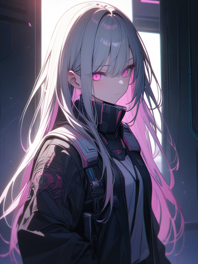  Long hair pink, pink eyes, guns, cyberpunk, high quality, and hair together, youth, masterpiece, best quality,8k,ultra detailed,high resolution,an extremely delicate and beautiful,hyper detail