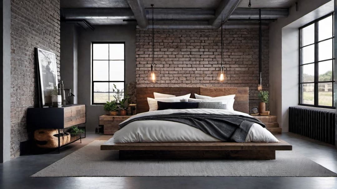  Create an image of a Modern Industrial Bedroom featuring a blend of raw elements and contemporary decor. Highlight exposed brick walls, visible steel beams, and a concrete floor. Include a striking Industrial Bed Frame with an Industrial Headboard, complemented by minimalist, functional furniture. Add natural materials like reclaimed wood, vintage style filament bulb lighting, and rough hewn wood shelves. Use neutral Bedroom Colors such as grey, black, and white to create a cohesive and sophisticated palette. hyperrealistic, full body, detailed clothing, highly detailed, cinematic lighting, stunningly beautiful, intricate, sharp focus, f/1. 8, 85mm, (centered image composition), (professionally color graded), ((bright soft diffused light)), volumetric fog, trending on instagram, trending on tumblr, HDR 4K, 8K