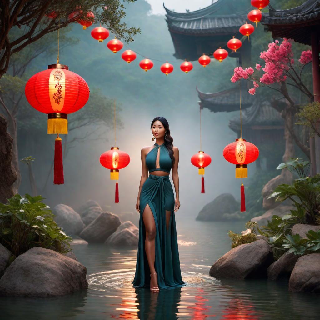  A modern Vietnamese Taurus female with a darker skin tone in a dreamy fantasy lofistyle setting. The scene should feature soft, ethereal lighting, whimsical elements like floating lanterns, fantastical flora, and cozy, relaxed décor. The female figure should have a serene, composed demeanor, embodying Taurus traits, and be integrated with modern fashion or accessories that reflect Vietnamese culture. The overall atmosphere should evoke a sense of dreamy tranquility and fantasy. hyperrealistic, full body, detailed clothing, highly detailed, cinematic lighting, stunningly beautiful, intricate, sharp focus, f/1. 8, 85mm, (centered image composition), (professionally color graded), ((bright soft diffused light)), volumetric fog, trending on instagram, trending on tumblr, HDR 4K, 8K