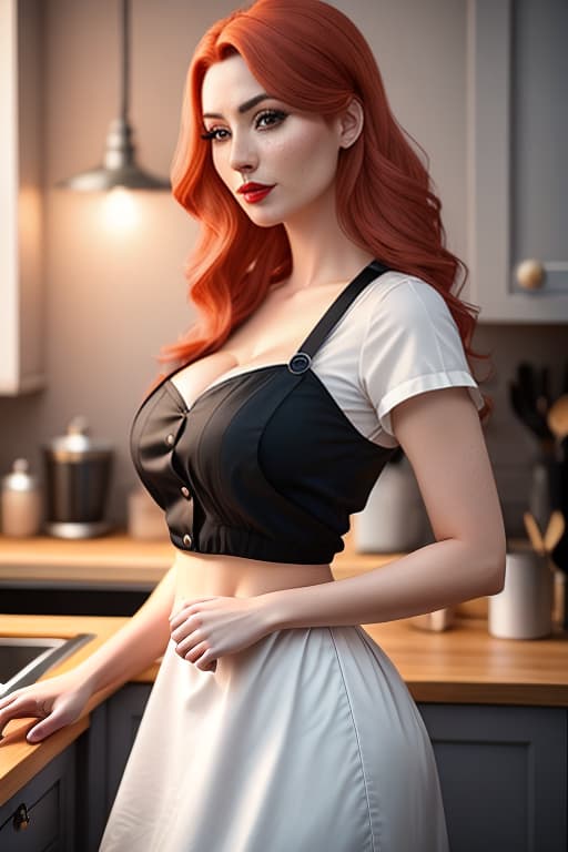  a closeup portrait of a playful maid, undercut hair, apron, amazing body, pronounced feminine feature, busty, cleavage, lustful, carmin red lips, long hair, wavy hair, belly button, kitchen, [ash blonde | ginger | pink hair], freckles, flirting with camera hyperrealistic, full body, detailed clothing, highly detailed, cinematic lighting, stunningly beautiful, intricate, sharp focus, f/1. 8, 85mm, (centered image composition), (professionally color graded), ((bright soft diffused light)), volumetric fog, trending on instagram, trending on tumblr, HDR 4K, 8K