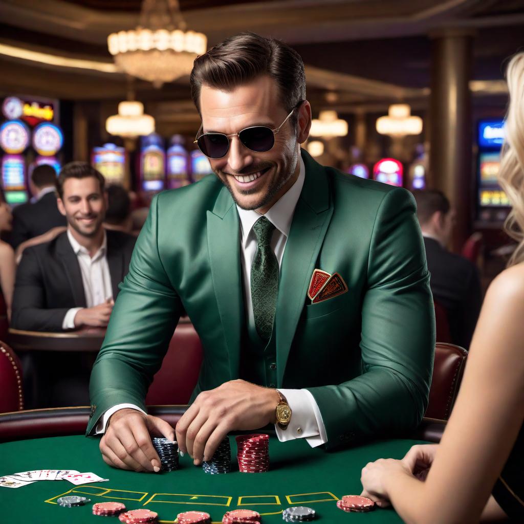  A lively poker table in a casino setting, with rich dark green felt. In the center of the scene, there's a man in his mid-30s, wearing a stylish suit and tie. He has a confident smile on his face as he just revealed a royal flush in his hand (Ace, King, Queen, Jack, Ten of the same suit). The man is stacking a large pile of poker chips in front of him triumphantly. Surrounding the table are other players with a mix of expressions, some stunned, some dejected, and others amused. The background features soft, ambient lighting, casino decor, and a hint of other tables and slot machines. hyperrealistic, full body, detailed clothing, highly detailed, cinematic lighting, stunningly beautiful, intricate, sharp focus, f/1. 8, 85mm, (centered image composition), (professionally color graded), ((bright soft diffused light)), volumetric fog, trending on instagram, trending on tumblr, HDR 4K, 8K