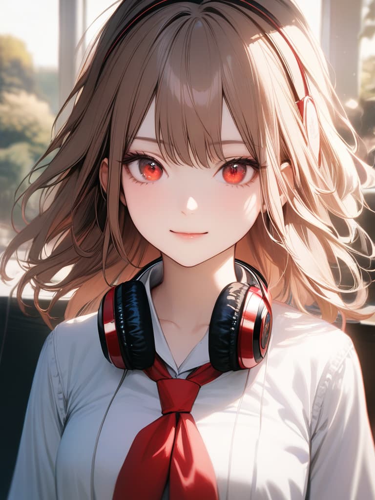  1girl,18yo,gold hair,side tail hair,red eyes,headphone,summer school uniform,light smile,realistic, masterpiece, best quality,8k,ultra detailed,high resolution,an extremely delicate and beautiful,hyper detail