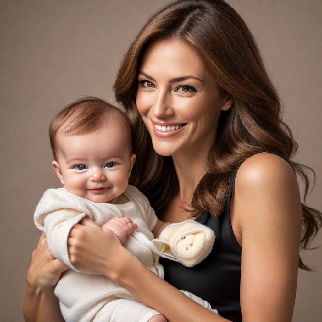  A brown haired slender woman holding a two-year-old baby boy with light brown hair, both smiling and happy. The baby is only wearing a diaper, and the woman is wearing a short black dress and no shoes. hyperrealistic, full body, detailed clothing, highly detailed, cinematic lighting, stunningly beautiful, intricate, sharp focus, f/1. 8, 85mm, (centered image composition), (professionally color graded), ((bright soft diffused light)), volumetric fog, trending on instagram, trending on tumblr, HDR 4K, 8K