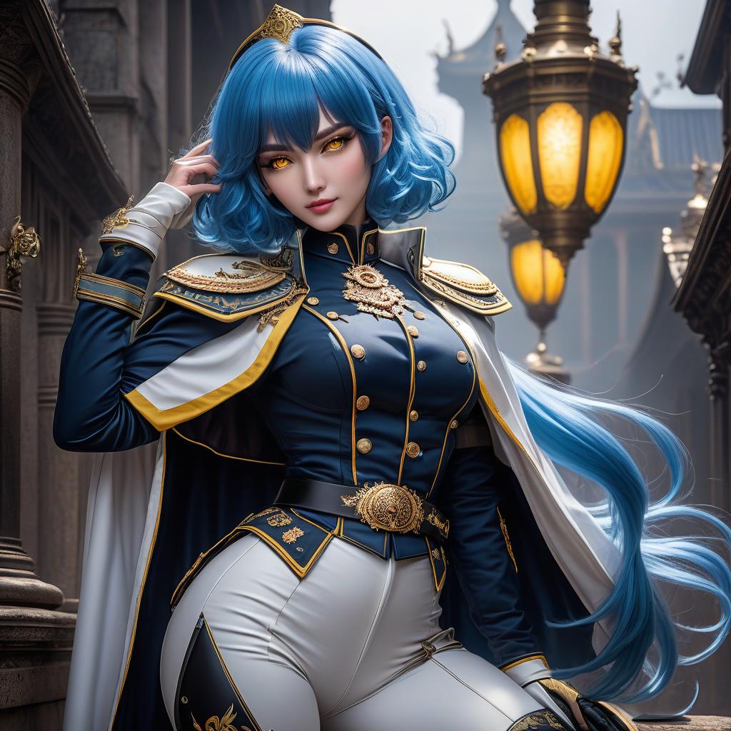  Girl, paladin, ((full body)), blue hair, bob cut, bright yellow eyes, hourglass figure, fully clothed, military uniform, (19th century ceremonial uniform), white clothes, white cloak, ((leggings )), black boots, over the knee boots, thigh high boots, tight boots, (shako), belt, choker, epaulettes, awards, (epic pose), looking at viewer, looking down, evil grin, (extremely hyper detailed face), (masterpiece : 1.4), (perfect eyes: 1.1), (perfect hands), 2D, anime, extremely detailed clothes. hyperrealistic, full body, detailed clothing, highly detailed, cinematic lighting, stunningly beautiful, intricate, sharp focus, f/1. 8, 85mm, (centered image composition), (professionally color graded), ((bright soft diffused light)), volumetric fog, trending on instagram, trending on tumblr, HDR 4K, 8K