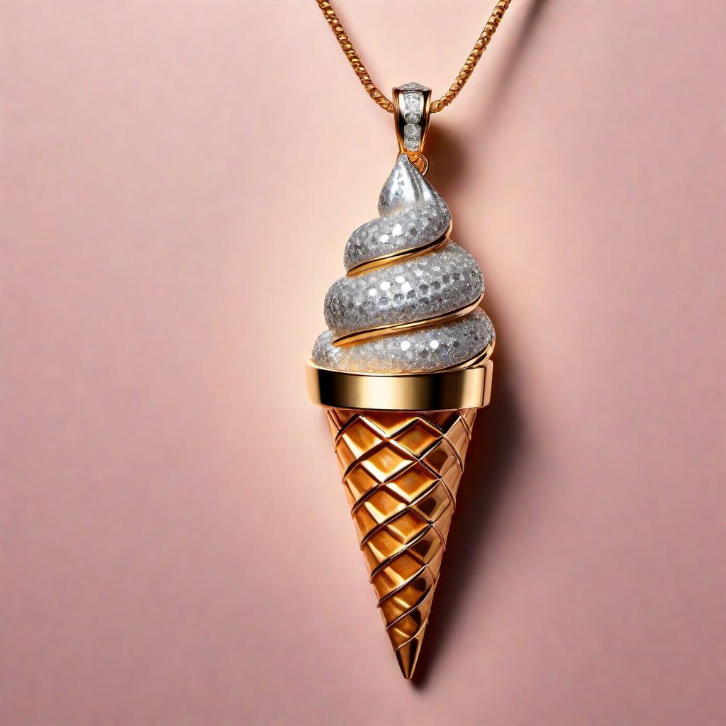  A diamond-encrusted ice cream cone pendant. The pendant should have an intricately designed cone studded with sparkling diamonds. The ice cream part should look like a swirl of ice cream, also covered in diamonds, giving it a luxurious and elegant appearance. The entire pendant should have a shiny and polished finish, reflecting light brilliantly. hyperrealistic, full body, detailed clothing, highly detailed, cinematic lighting, stunningly beautiful, intricate, sharp focus, f/1. 8, 85mm, (centered image composition), (professionally color graded), ((bright soft diffused light)), volumetric fog, trending on instagram, trending on tumblr, HDR 4K, 8K