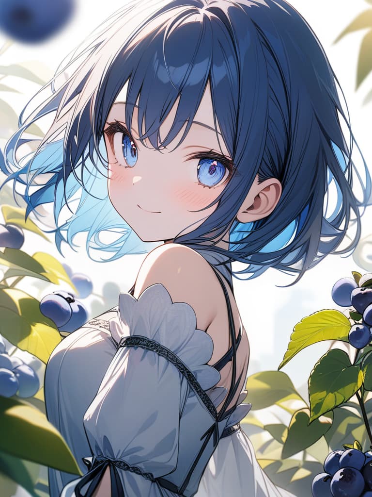  Cute, girl, big eyes, white skin, frill dress, blue hair color, blue eyes, short hair, short bob, blueberry, up, smile, masterpiece, best quality,8k,ultra detailed,high resolution,an extremely delicate and beautiful,hyper detail