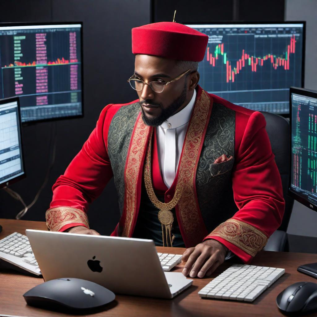  A Moorish American man trading stocks on his computer. The man is wearing a fez and traditional clothing, sitting at a modern desk with multiple computer screens showing stock market charts and trading platforms. The background features a contemporary office with elements of Moorish design, like ornate patterns and arches, blending the traditional with the modern. The man looks focused and engaged, using a mouse and keyboard to make trades. hyperrealistic, full body, detailed clothing, highly detailed, cinematic lighting, stunningly beautiful, intricate, sharp focus, f/1. 8, 85mm, (centered image composition), (professionally color graded), ((bright soft diffused light)), volumetric fog, trending on instagram, trending on tumblr, HDR 4K, 8K