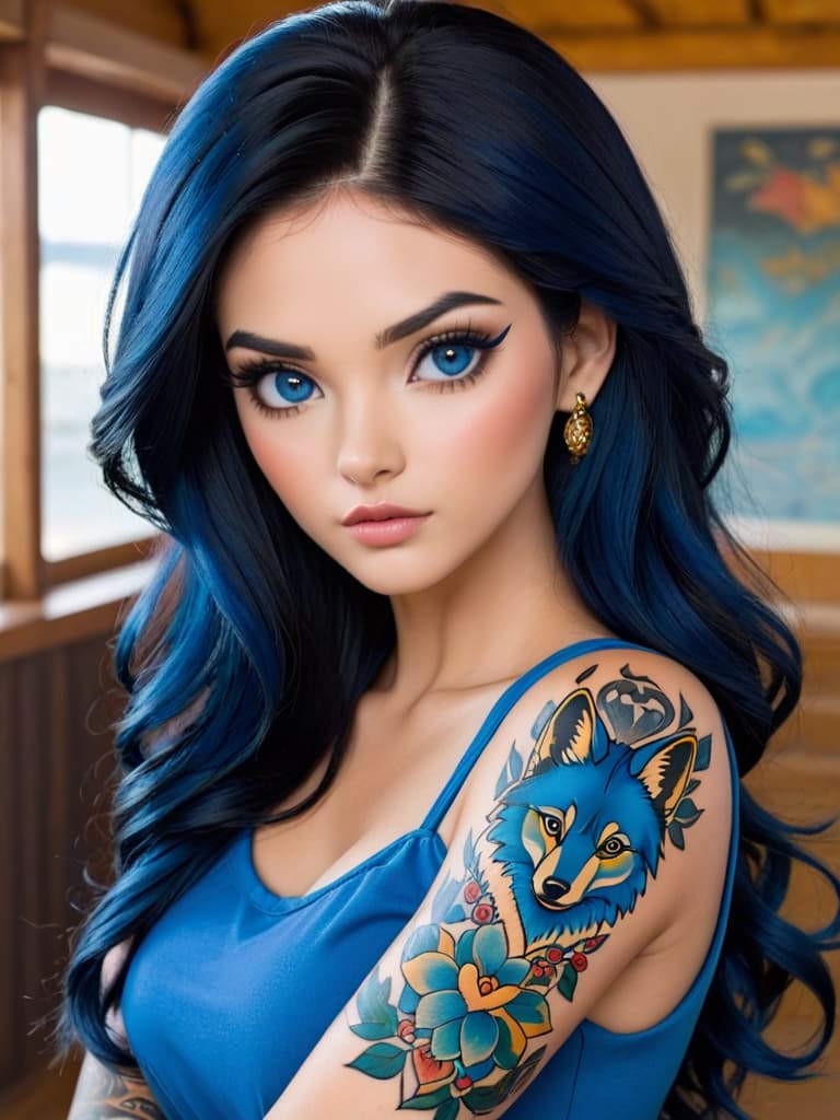  make a woman with black hair and make her hair a wolfcut and make her eyes dark blue and make the character have tattoos on her arms and on her neck