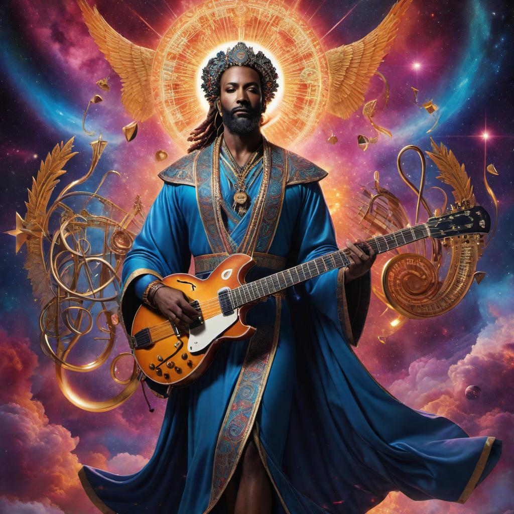  An album cover featuring the god of music. The god is depicted as an ethereal figure, surrounded by musical symbols such as notes, instruments, and sound waves. The background is a vibrant, cosmic scene with swirling colors and patterns that evoke the feeling of music. The god's presence is radiant and commanding, with elements of traditional deity imagery, like a glowing halo and robes, merged with modern artistic styles. The overall design should convey a sense of divinity, creativity, and the universal power of music. hyperrealistic, full body, detailed clothing, highly detailed, cinematic lighting, stunningly beautiful, intricate, sharp focus, f/1. 8, 85mm, (centered image composition), (professionally color graded), ((bright soft diffused light)), volumetric fog, trending on instagram, trending on tumblr, HDR 4K, 8K