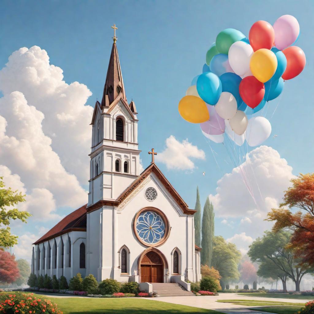  A festive image celebrating the 91st anniversary of a church. The scene should include a beautifully decorated church with a banner reading '91st Church Anniversary'. There should be a joyful congregation, colorful balloons, flowers, and a large cake with '91' on it. The sky should be bright and sunny, adding to the celebratory atmosphere. hyperrealistic, full body, detailed clothing, highly detailed, cinematic lighting, stunningly beautiful, intricate, sharp focus, f/1. 8, 85mm, (centered image composition), (professionally color graded), ((bright soft diffused light)), volumetric fog, trending on instagram, trending on tumblr, HDR 4K, 8K