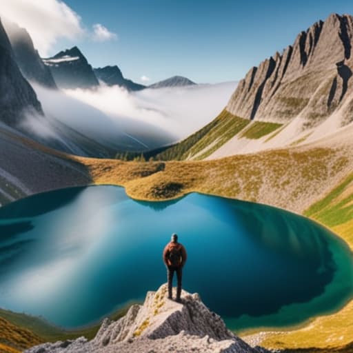  beautiful lake, on top of a mountain hyperrealistic, full body, detailed clothing, highly detailed, cinematic lighting, stunningly beautiful, intricate, sharp focus, f/1. 8, 85mm, (centered image composition), (professionally color graded), ((bright soft diffused light)), volumetric fog, trending on instagram, trending on tumblr, HDR 4K, 8K