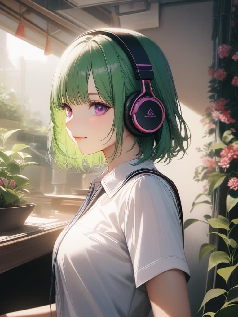  1girl,18yo,green hair,short hair,purple eyes,headphone,summer school uniform,flower's satsuki azalea,light smile,realistic, masterpiece, best quality,8k,ultra detailed,high resolution,an extremely delicate and beautiful,hyper detail