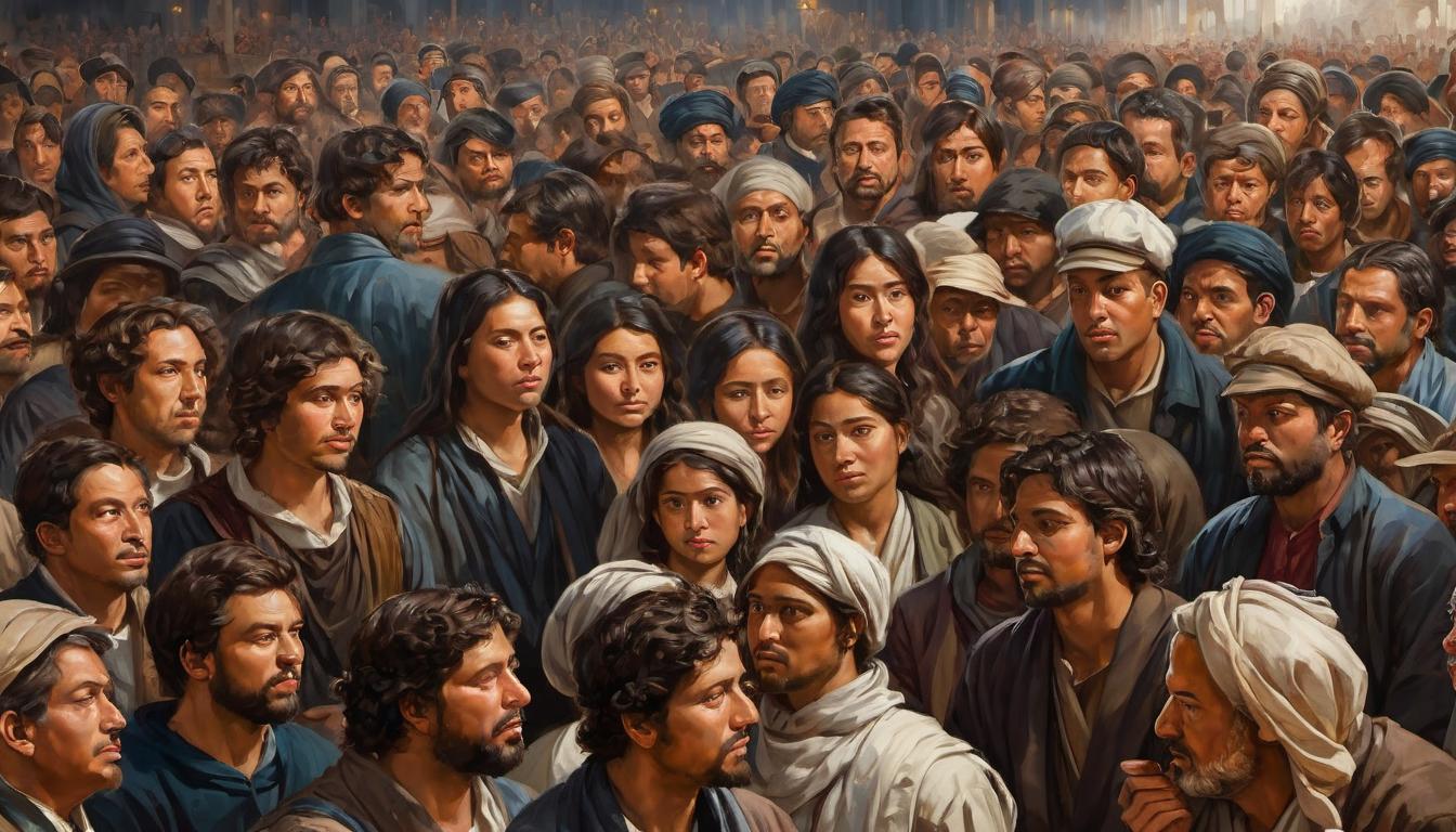  digital painting of A puzzled and awed crowd, diverse faces, expressions of wonder and confusion, ancient scrolls held by members of the crowd, historical setting, dim lighting, sense of revelation and contemplation looking at viewer, dynamic pose, (intricate details, masterpiece, best quality)