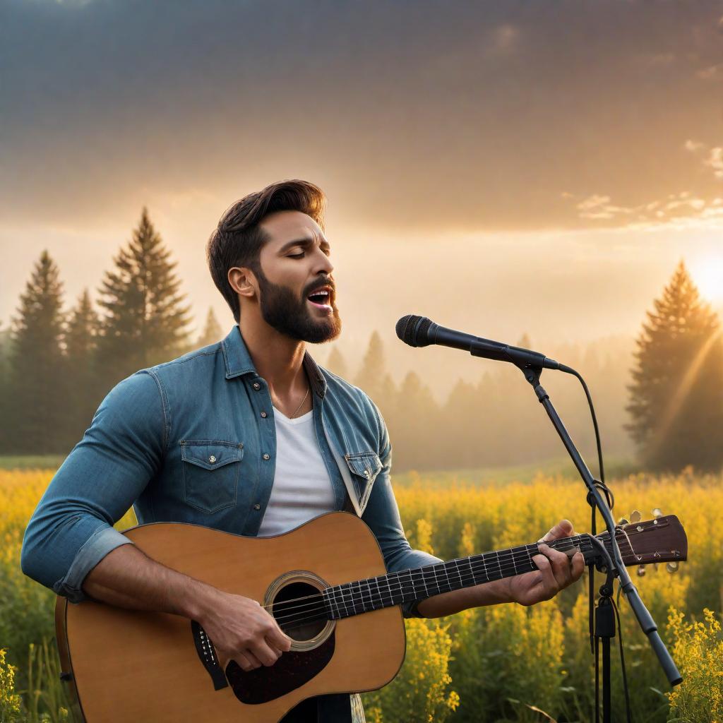  A peaceful and serene image representing the concept of singing a country song about God. The image should include musical notes and a peaceful outdoor setting to reflect the lyrics and melody provided. hyperrealistic, full body, detailed clothing, highly detailed, cinematic lighting, stunningly beautiful, intricate, sharp focus, f/1. 8, 85mm, (centered image composition), (professionally color graded), ((bright soft diffused light)), volumetric fog, trending on instagram, trending on tumblr, HDR 4K, 8K