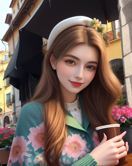  Masterpiece, best quality, This is a European model sitting in an Italian cafe sipping espresso with a satisfied expression on her face. Warm sunlight illuminates her features, creating a comfortable and inviting atmosphere. The background is filled with colorful flowers and vintage architecture, adding to the charm of the scene. Drawn in a realistic style, rich warm colors evoke nostalgia and relaxation.