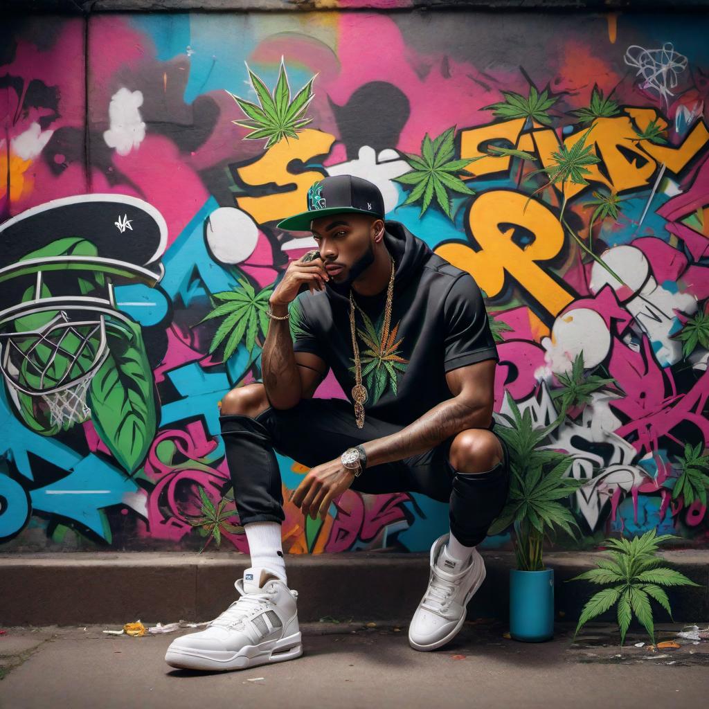  A vibrant and dynamic image combining elements of sports, weed culture, and hip hop. The image should include a stylish, urban background with graffiti art. In the foreground, there should be athletes playing basketball, wearing hip hop-inspired clothing and accessories. There should also be elements of weed culture, like a hint of smoke or cannabis leaves, subtly integrated into the design. The overall vibe should be energetic and edgy, capturing the essence of all three themes in a cohesive and artistic manner. hyperrealistic, full body, detailed clothing, highly detailed, cinematic lighting, stunningly beautiful, intricate, sharp focus, f/1. 8, 85mm, (centered image composition), (professionally color graded), ((bright soft diffused light)), volumetric fog, trending on instagram, trending on tumblr, HDR 4K, 8K