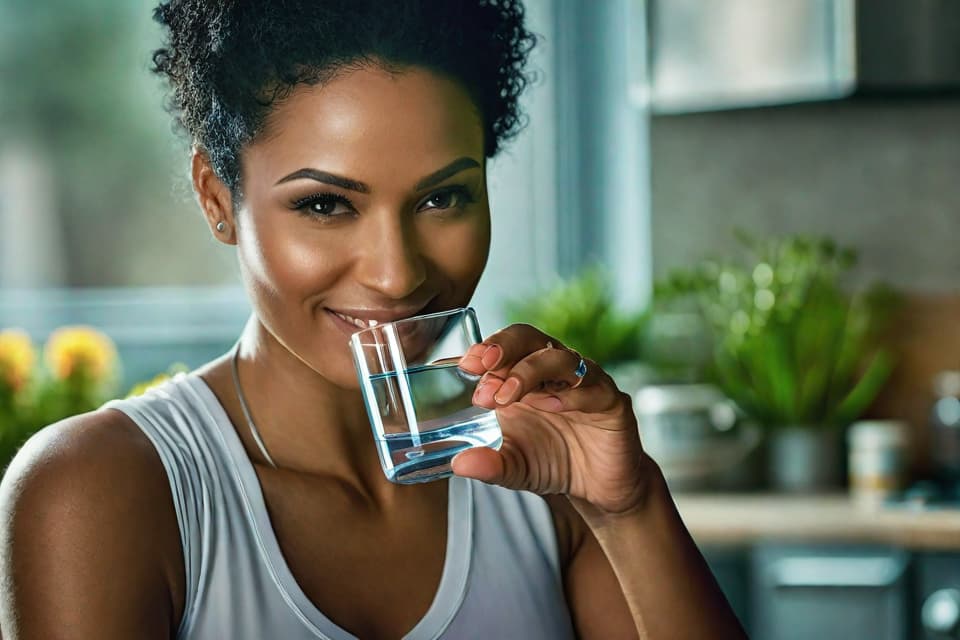  "Close up of a serene, smiling woman (female) holding a clear glass of water with five colorful vitamin capsules in her other hand. The background is a softly blurred, sunlit kitchen, evoking a sense of calm and well being. The image is highly detailed and realistic, with a warm, inviting color palette. The focus is on the woman and the vitamins, symbolizing hope and the potential benefits of these supplements for alleviating depression. The overall mood is positive and encouraging, with no distractions to maintain focus on the central theme."Ensure no face,leg,hand or eye defomities.Ensure all images are clear, detailed, contains no text and no deformities. realistic, highly detailed, photorealistic, cinematic lighting, intricate, sharp fo hyperrealistic, full body, detailed clothing, highly detailed, cinematic lighting, stunningly beautiful, intricate, sharp focus, f/1. 8, 85mm, (centered image composition), (professionally color graded), ((bright soft diffused light)), volumetric fog, trending on instagram, trending on tumblr, HDR 4K, 8K