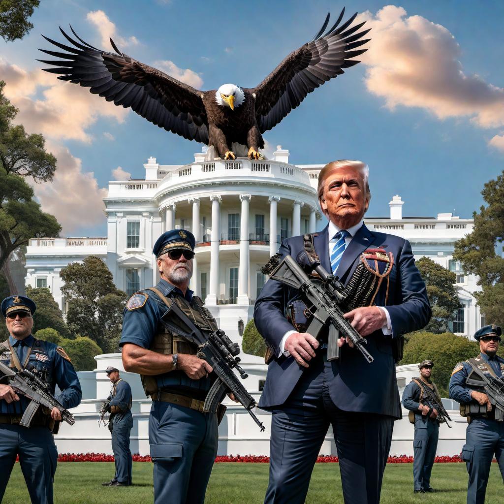  President Trump, Steve Bannon, General Flynn, Rep Tim Byron, and founding fathers armed with AR-15s protecting the White House on a clear beautiful day. In the sky above, there are two eagles flying and two F35 fighter jets. hyperrealistic, full body, detailed clothing, highly detailed, cinematic lighting, stunningly beautiful, intricate, sharp focus, f/1. 8, 85mm, (centered image composition), (professionally color graded), ((bright soft diffused light)), volumetric fog, trending on instagram, trending on tumblr, HDR 4K, 8K