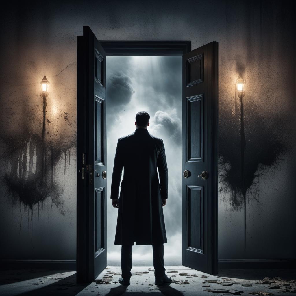  An illustration depicting the contrast between two doors representing choices of fear and success, with detailed, real emotions and accompanying words. 1. **Fear Door** - Scene: A door labeled 'Fear' prominently displayed at the top. A person stands in front, appearing visibly anxious with a worried look, sweat on their forehead, and biting their nails. - Mood: Fear, anxiety, hesitation. - Thought Bubbles: 'What if I fail?', 'I'm not ready.', 'It's too risky.' - Visual Elements: The door is dark and ominous, complemented with shadowy figures projecting from behind, cobwebs hanging, and a faintly cracked door frame signifying neglect and apprehension. - Words displayed: 'Fear' 2. **Success Door** - Scene: A door labeled 'Success' prominen hyperrealistic, full body, detailed clothing, highly detailed, cinematic lighting, stunningly beautiful, intricate, sharp focus, f/1. 8, 85mm, (centered image composition), (professionally color graded), ((bright soft diffused light)), volumetric fog, trending on instagram, trending on tumblr, HDR 4K, 8K