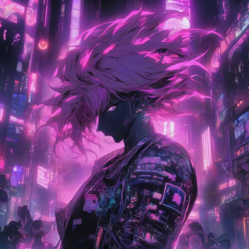  Anime boy on black background, outlined with slightly faded pink neon, with pink purple hair, holding Purple Drunk / Lean in his hands hyperrealistic, full body, detailed clothing, highly detailed, cinematic lighting, stunningly beautiful, intricate, sharp focus, f/1. 8, 85mm, (centered image composition), (professionally color graded), ((bright soft diffused light)), volumetric fog, trending on instagram, trending on tumblr, HDR 4K, 8K