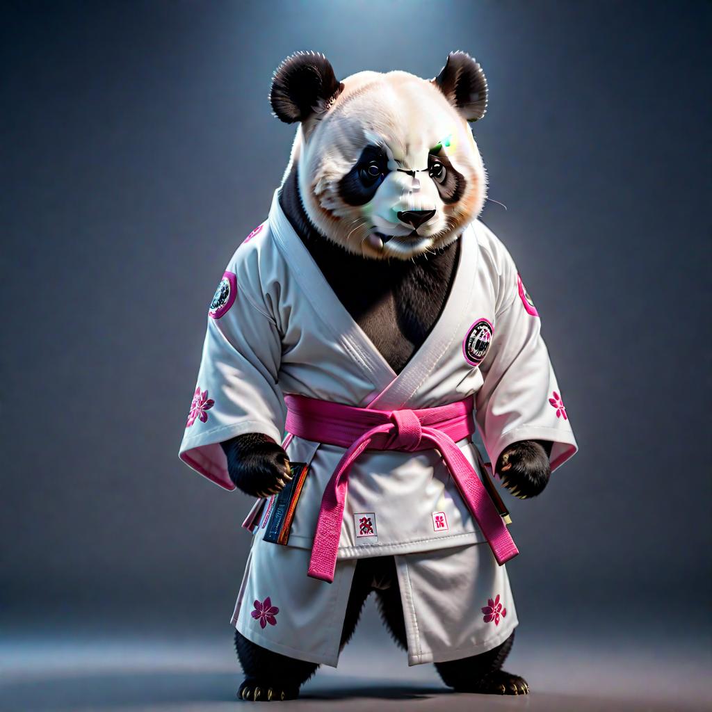  Ursinha panda com lacinho de enfeite na cabeça rosa e Kimono de Jiu Jitsu hyperrealistic, full body, detailed clothing, highly detailed, cinematic lighting, stunningly beautiful, intricate, sharp focus, f/1. 8, 85mm, (centered image composition), (professionally color graded), ((bright soft diffused light)), volumetric fog, trending on instagram, trending on tumblr, HDR 4K, 8K