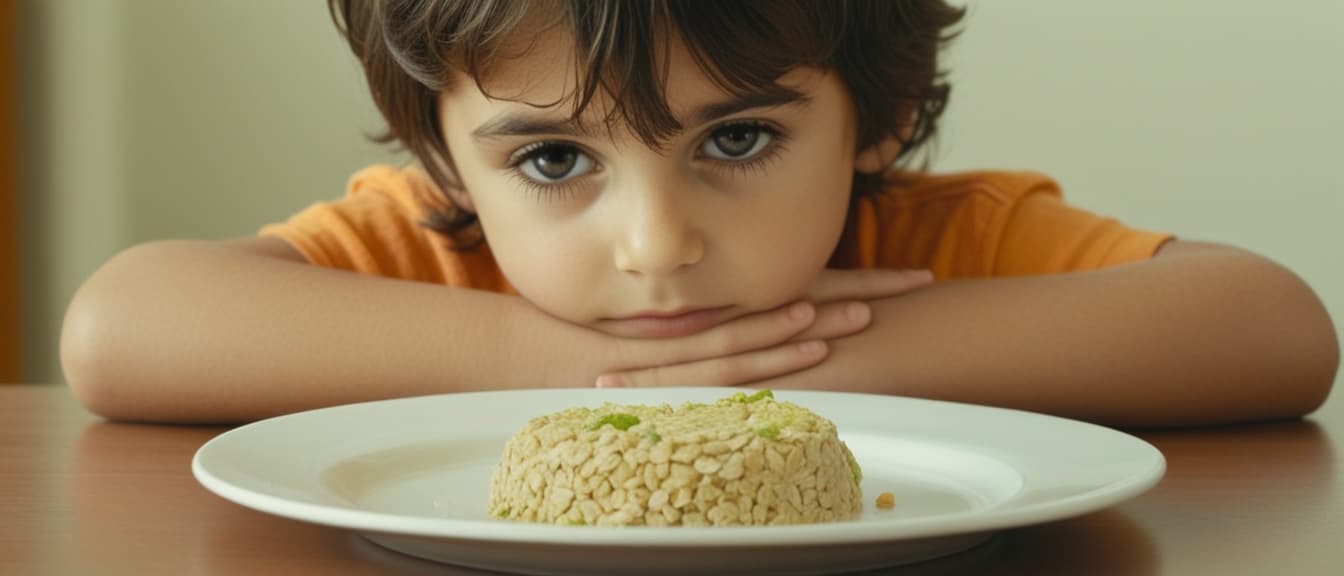  Macro Photography, Young boy kid in front of an empty plate , starvation and undernutrition concept image for topic related to child nutritional deficiencies, close up, macro 100mm, macro photography