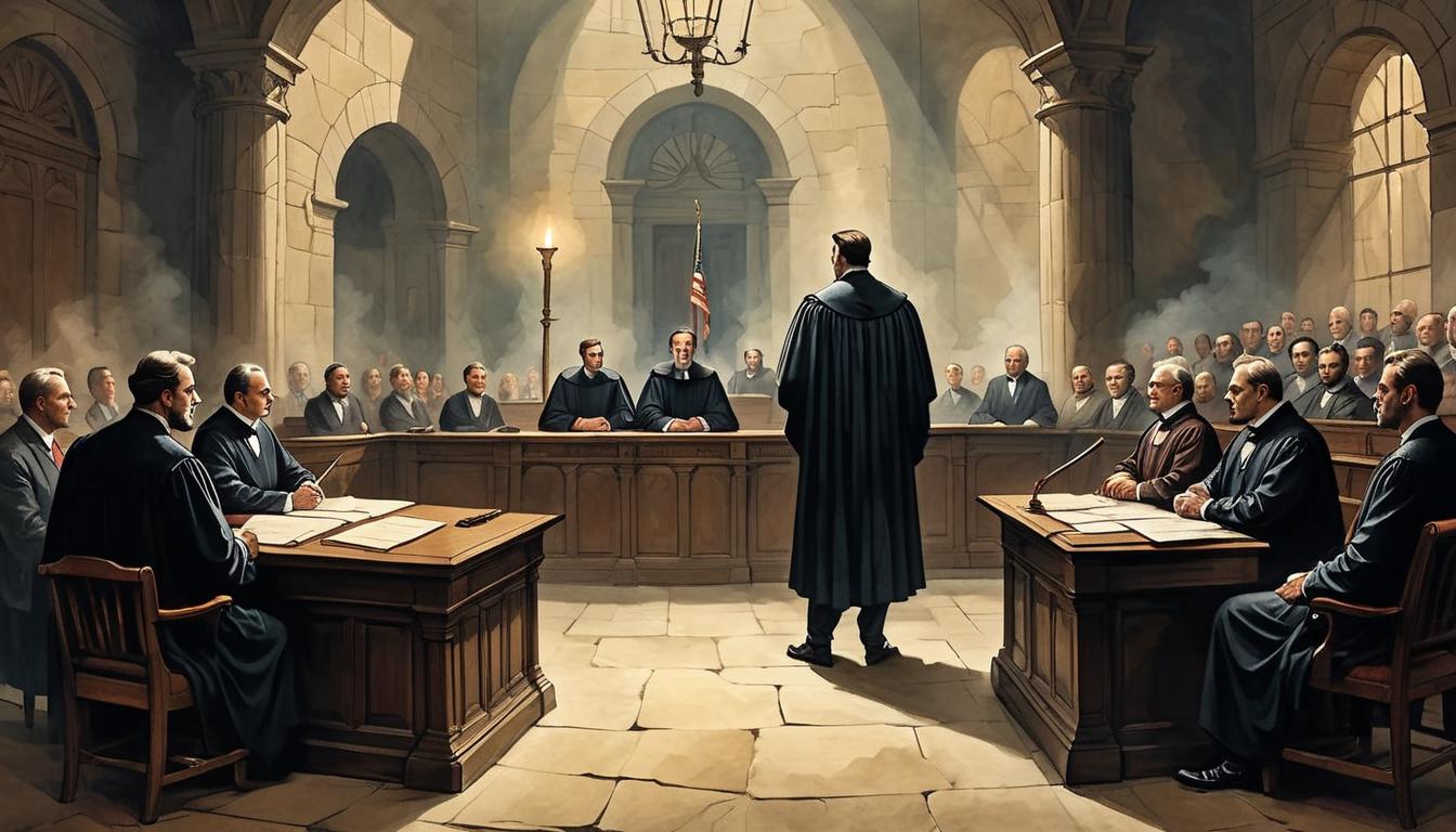  on parchment, surrealism+++, a courtroom with shadowy judges and a glaring light on the accused, faces obscured, dramatic tension, judgmental(mysterious, provocative, symbolic,muted color)+++